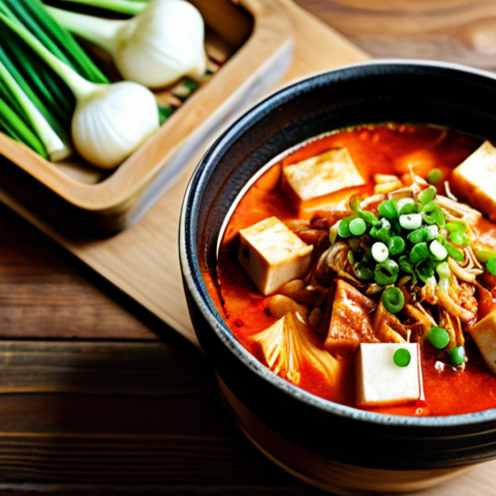 **

"A steaming bowl of Kimchi Jjigae on a rustic wooden table, fully clothed, appropriate content, safe for work, garnished with green onions and tofu, perfect anatomy, natural proportions, family-friendly, professional food photography, close-up shot, vibrant colors, cozy atmosphere."

**
