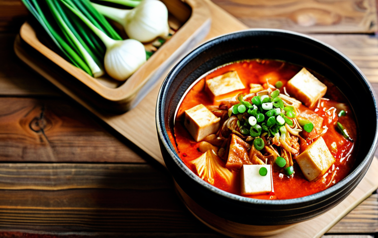 **
"A steaming bowl of Kimchi Jjigae on a rustic wooden table, fully clothed, appropriate content, safe for work, garnished with green onions and tofu, perfect anatomy, natural proportions, family-friendly, professional food photography, close-up shot, vibrant colors, cozy atmosphere."
**