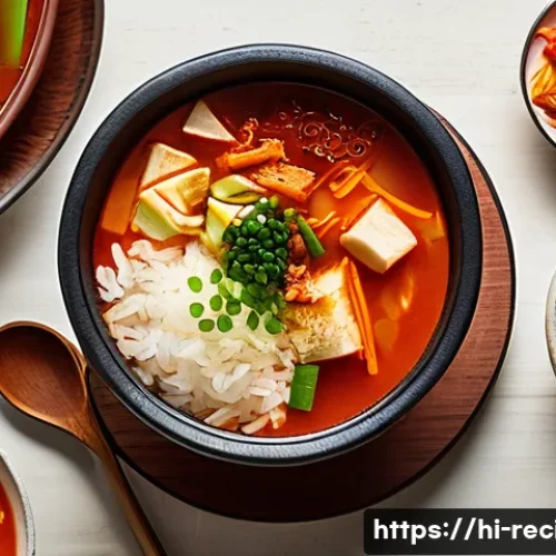 김치찌개 레시피로 유튜브 시작하기 - A vibrant and cozy kitchen scene featuring a steaming bowl of kimchi jjigae soup with visible chunks...