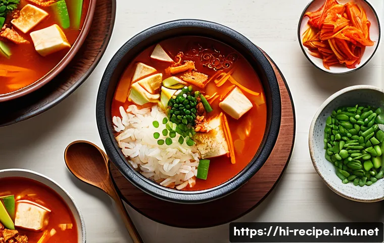 김치찌개 레시피로 유튜브 시작하기 - A vibrant and cozy kitchen scene featuring a steaming bowl of kimchi jjigae soup with visible chunks...