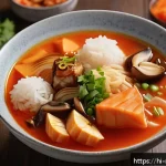 김치찌개에 쌀뜨물 사용하기 - A vibrant and detailed close-up of a steaming bowl of kimchi stew with rice water, showcasing the ri...