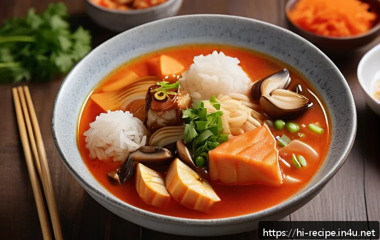 김치찌개에 쌀뜨물 사용하기 - A vibrant and detailed close-up of a steaming bowl of kimchi stew with rice water, showcasing the ri...